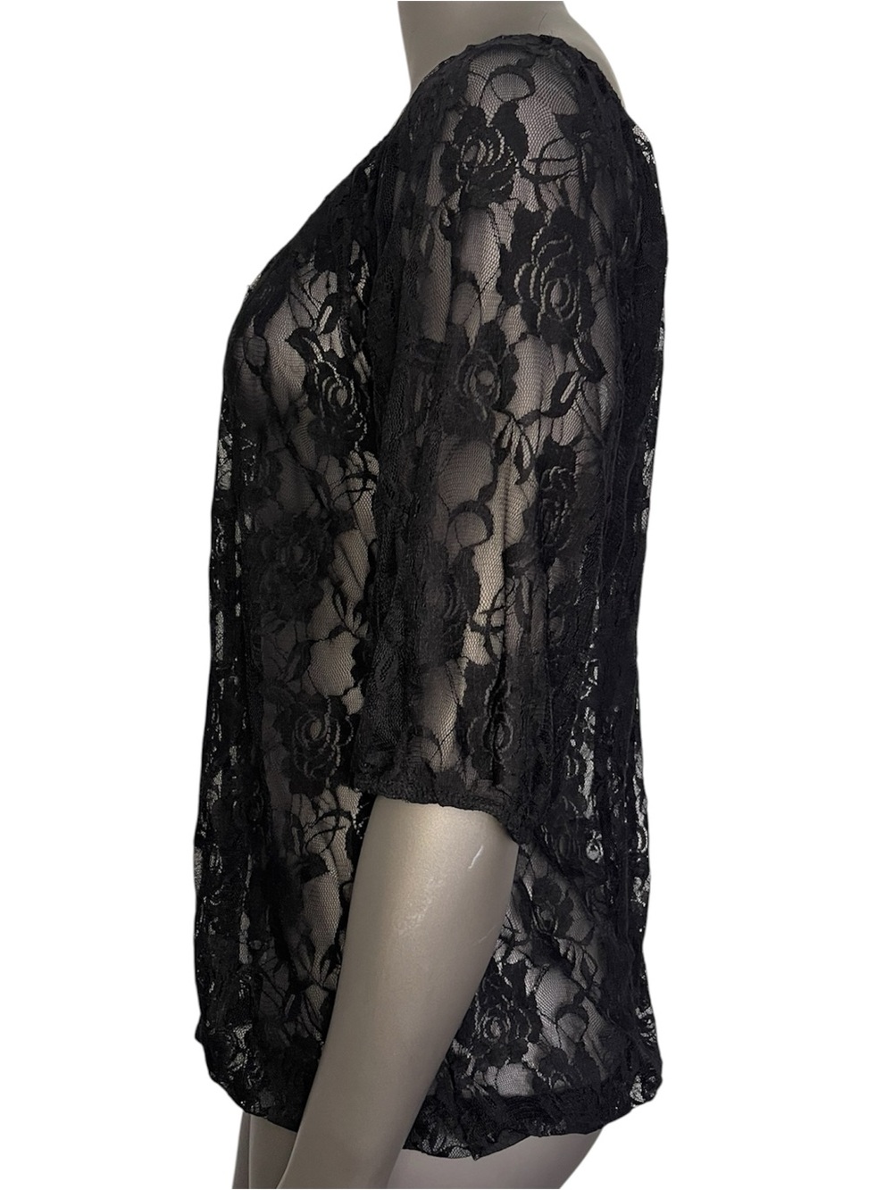 French Atmosphere Lace Top L Black Elastic Waist Sheer Puff Sleeve Peasant Sexy - Picture 3 of 13